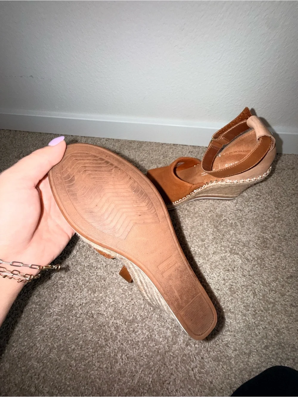 TOMS Suede Tan Espadrille Wedge Sandals with Ankle Strap